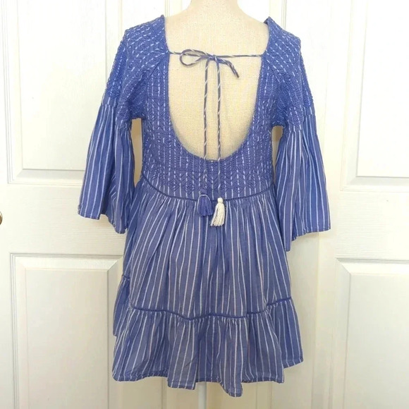 Free People Lola Embroidered Mini Dress in Blue Stripe - Picture 6 of 7